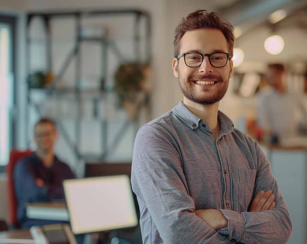 sales person looking happy into camera